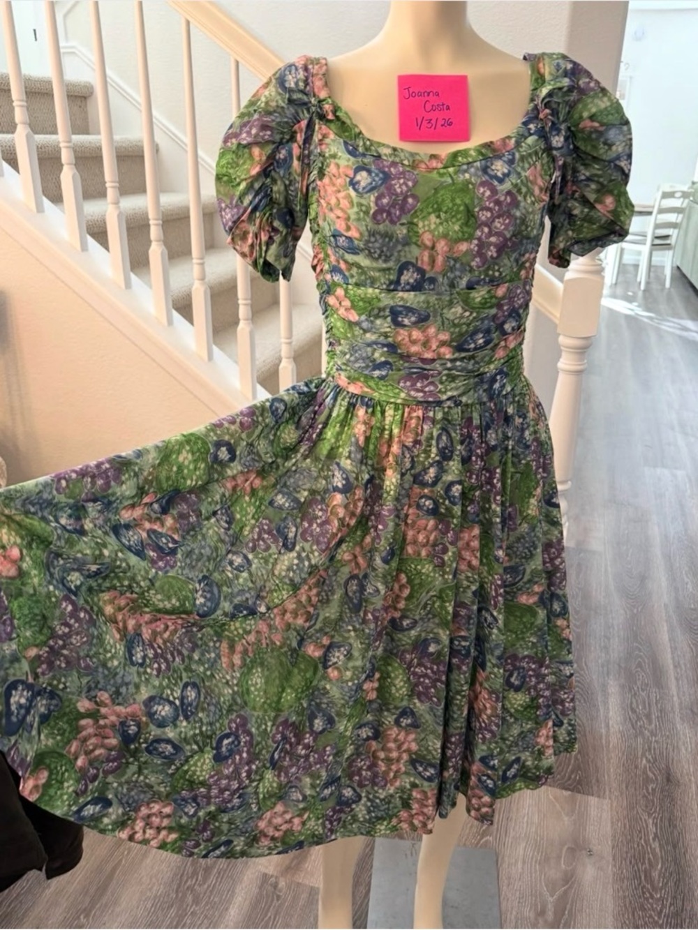 1950s Vintage Green Grape Midi Dress with Pink & Purple Accents